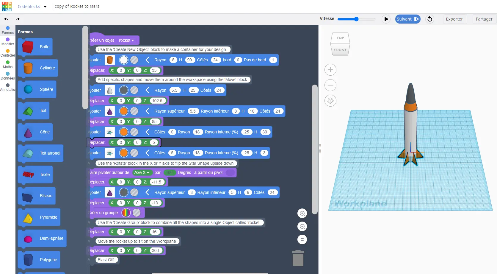 Capture d'écran de l'application gratuite Tinkecad. La section Codeblocks permettant de coder un dessin en 3 dimensions.